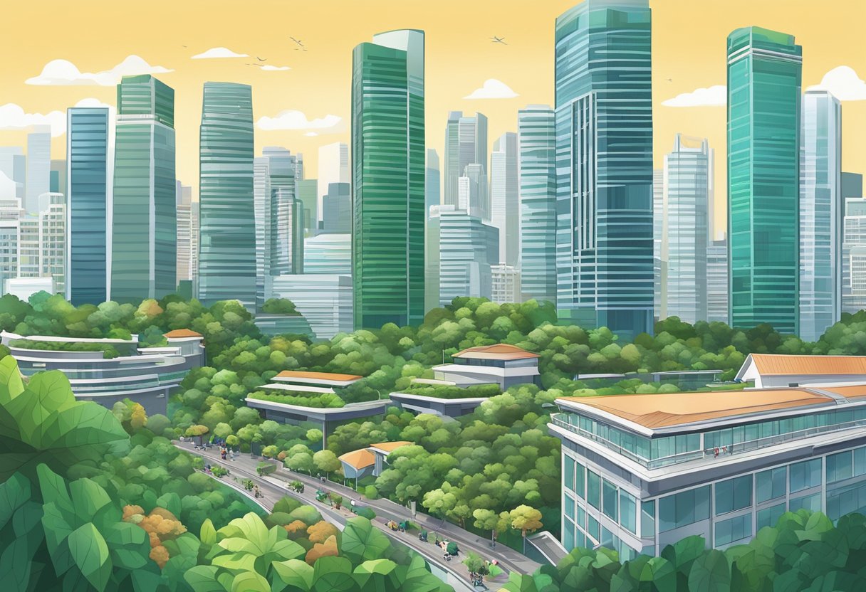 A bustling cityscape with modern skyscrapers, lush greenery, and bustling streets in Singapore