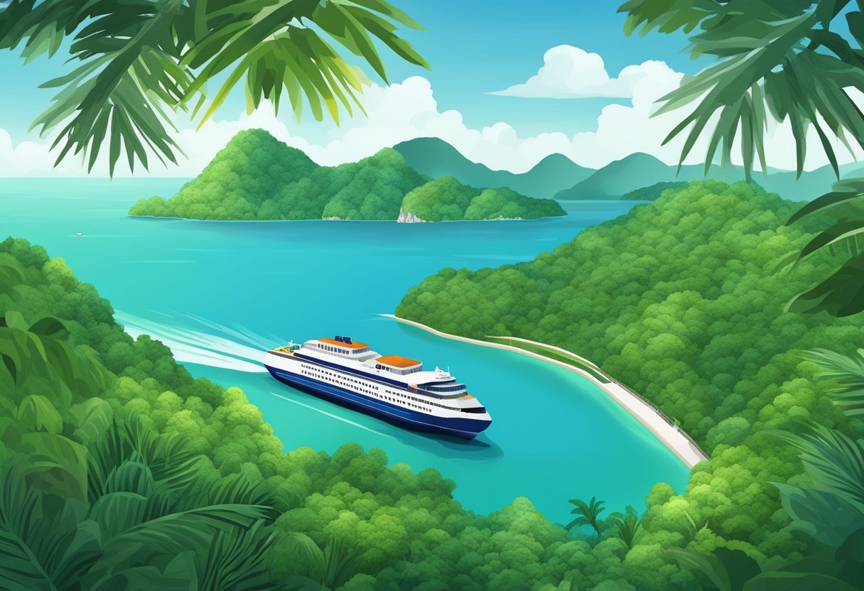 A ferry sails from Singapore to Redang, passing by lush green islands and clear blue waters