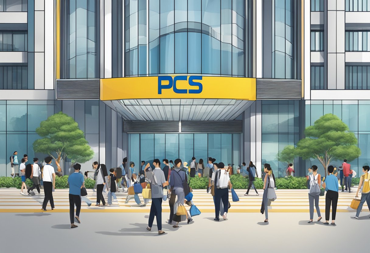 A bustling scene outside PCS Singapore, with people entering and exiting the building. The logo is prominently displayed on the facade