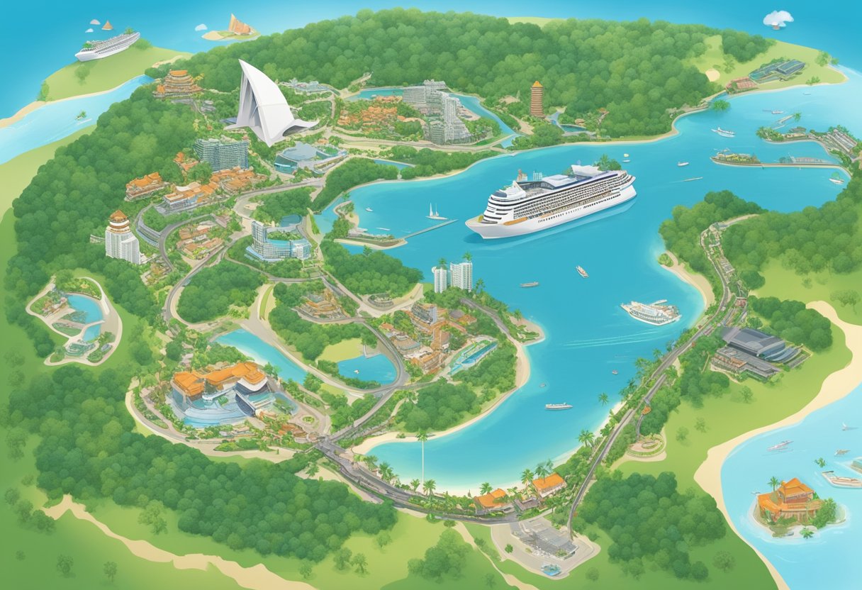 A map of Singapore and Redang with transportation options and landmarks, surrounded by tropical palm trees and clear blue waters