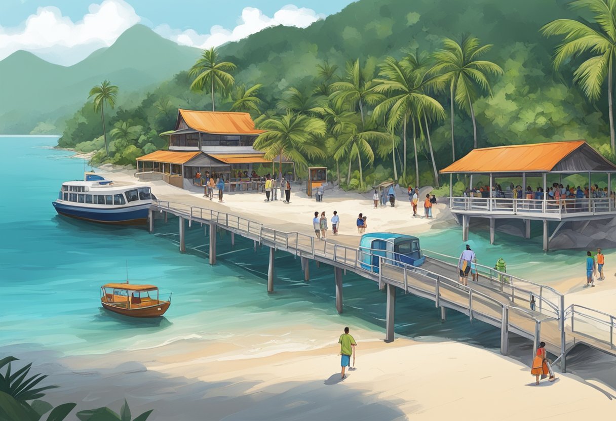 A ferry docks at Redang, with palm-fringed beaches and crystal-clear waters in the background. Tourists explore the island's attractions