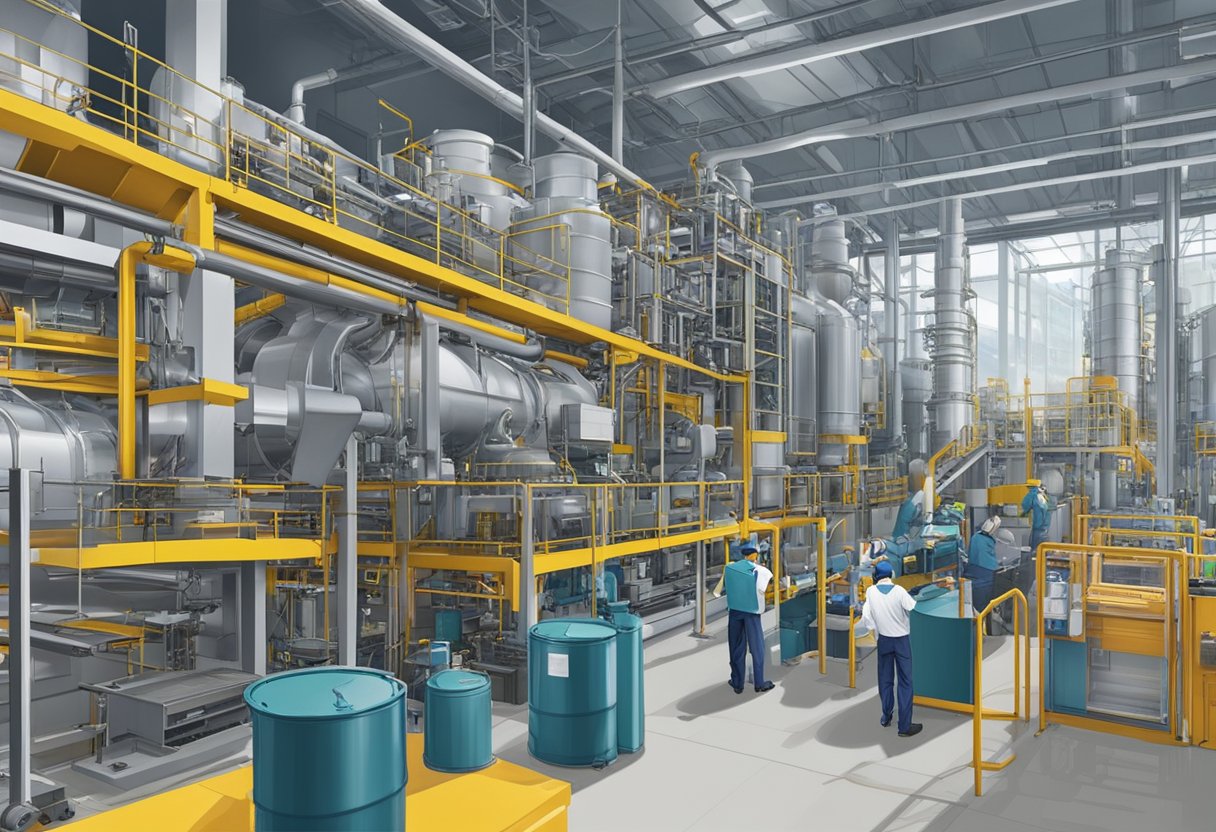 The chemical industry at PCS Pte. Ltd in Singapore is bustling with activity, with workers moving raw materials and operating large machinery