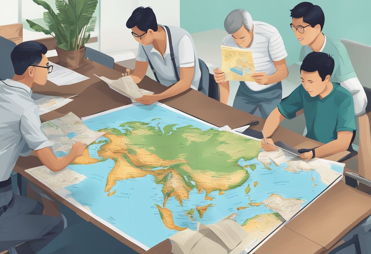 A group of people inquiring about travel from Singapore to Redang, with a map and travel brochures on a desk