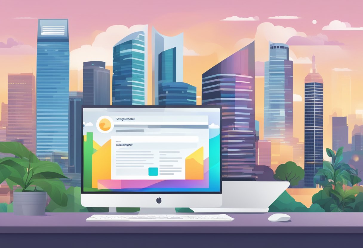 A computer with the "Frequently Asked Questions" webpage open, surrounded by the skyline of Singapore in the background