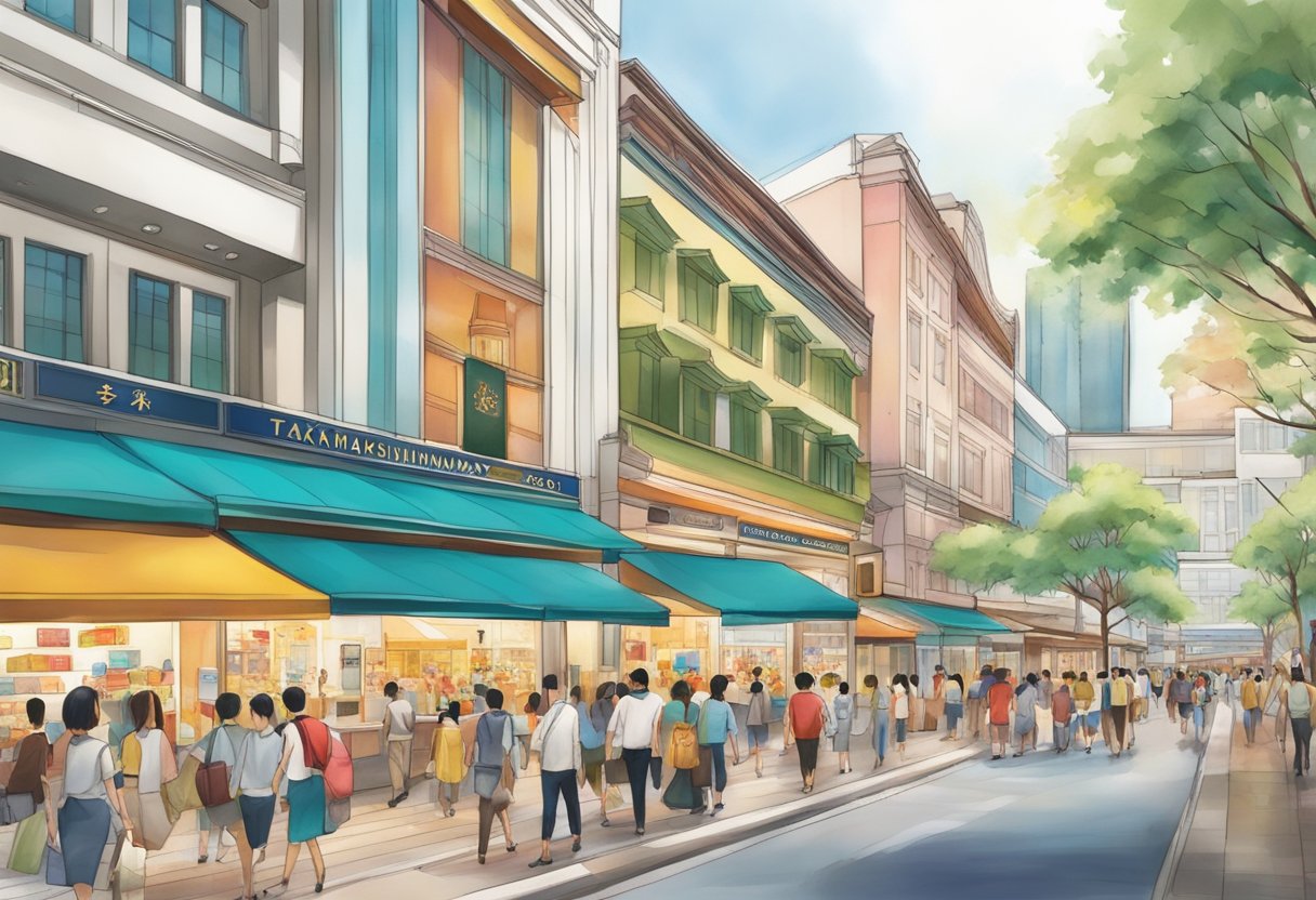 A bustling street outside Takashimaya Singapore, with colorful storefronts and busy shoppers