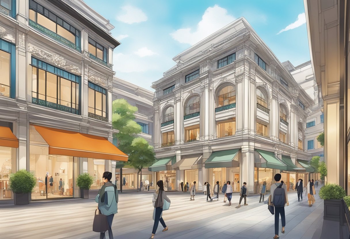 People strolling past luxury boutiques and designer shops in Takashimaya Shopping Centre, with elegant architecture and vibrant displays