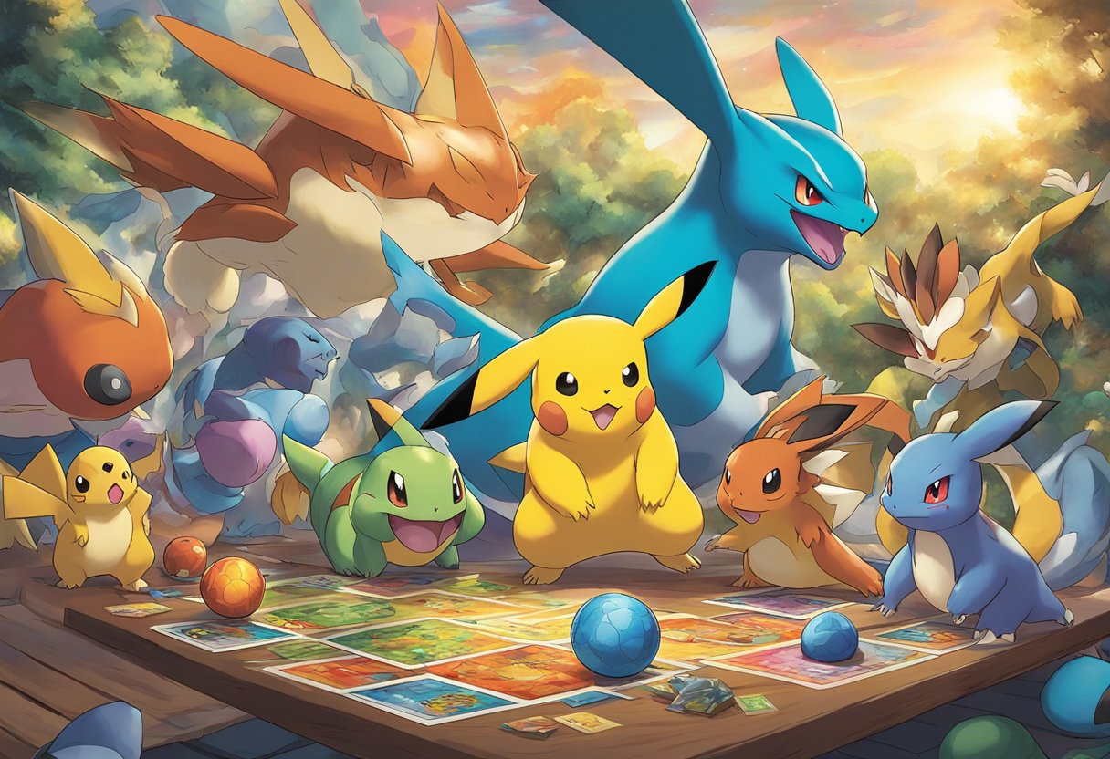 A group of Pokemon TCG players gather around a table, cards spread out, intense battles underway. The vibrant artwork and colorful cards create a lively and exciting atmosphere