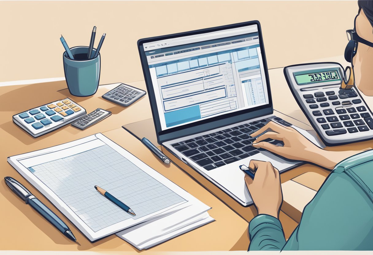 A person using a laptop to input financial data into a home loan calculator, with a pen and notebook nearby for reference