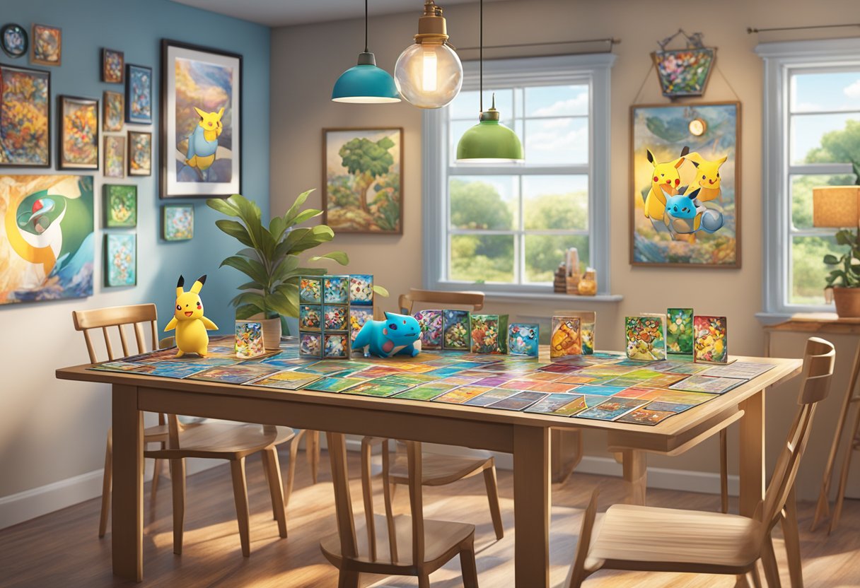A table set with Pokémon TCG cards, dice, and play mats in a well-lit room with colorful posters and merchandise