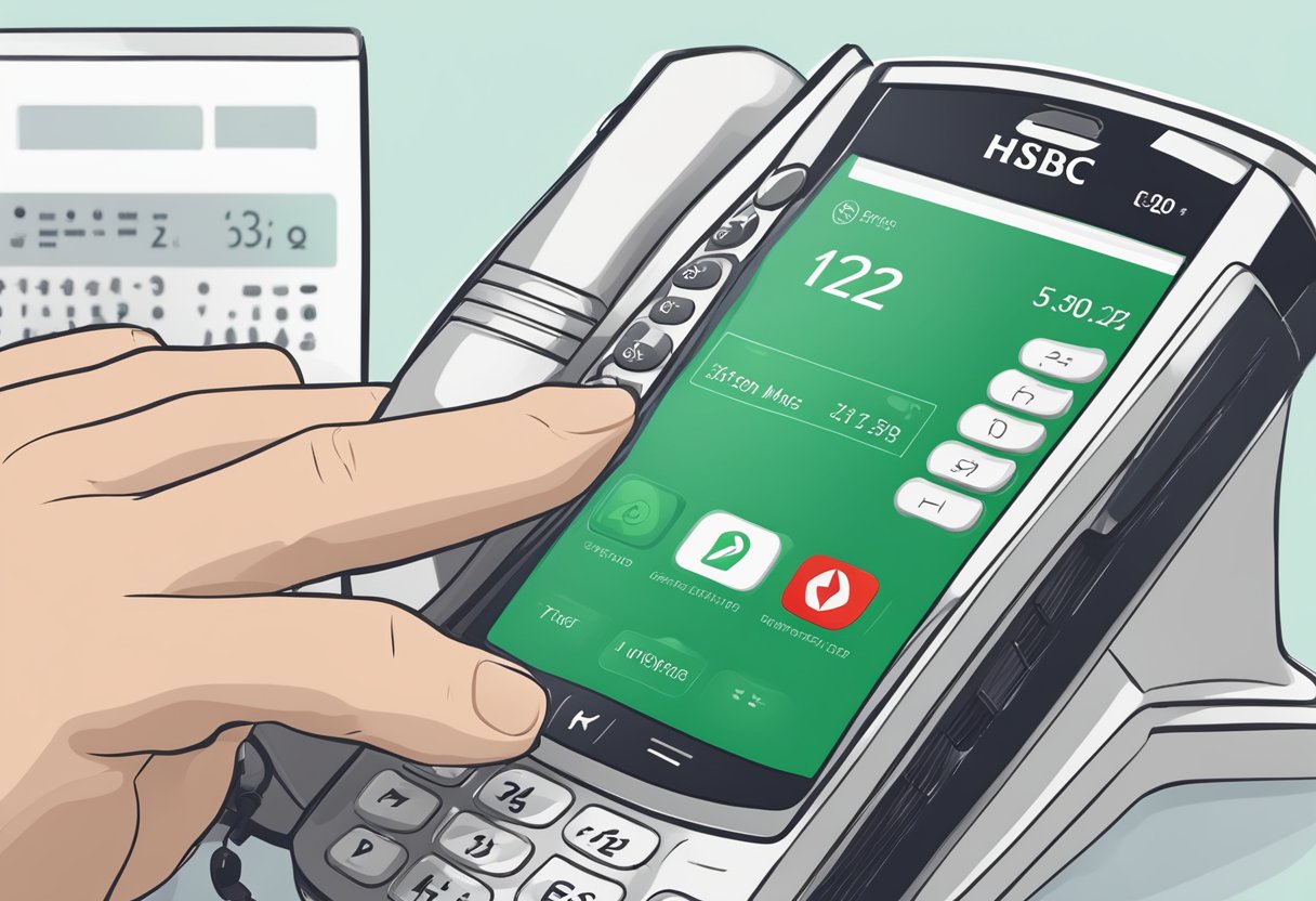 A phone with the HSBC Singapore logo displayed on the screen, with the contact number visible and a hand reaching out to dial