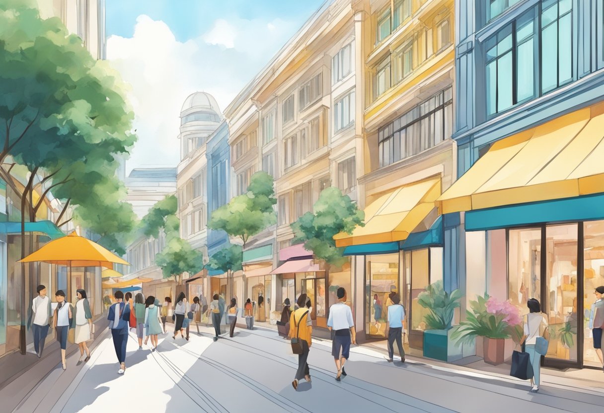 Bustling street with colorful storefronts of luxury brands and trendy boutiques at Takashimaya Singapore. Pedestrians stroll past, admiring the displays