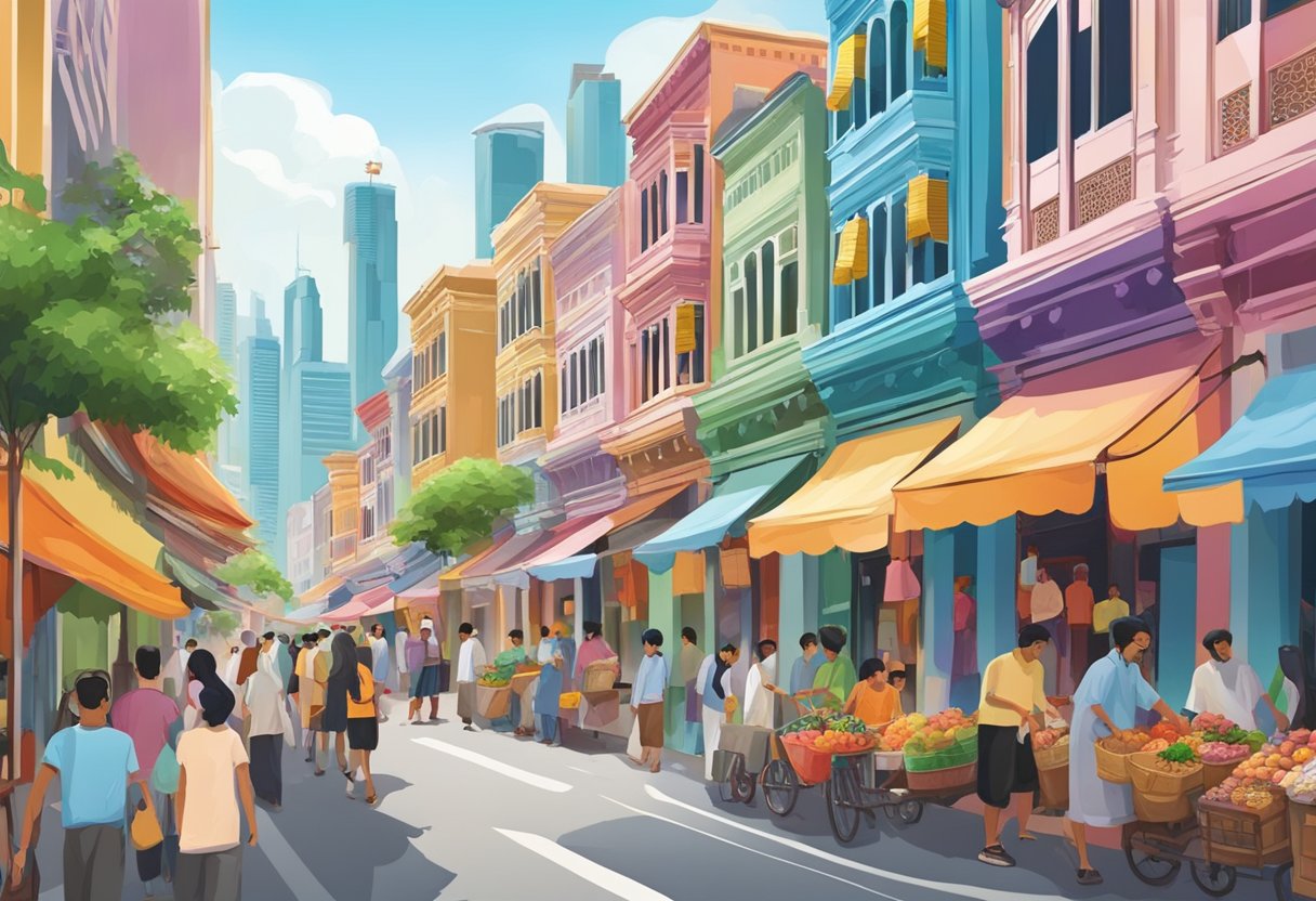 Vibrant Arab Street in Singapore, bustling with colorful shophouses, intricate murals, and bustling market stalls