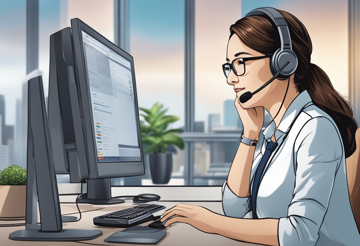 A customer service representative at HSBC Singapore provides support over the phone, with a headset on and a computer screen displaying the company's logo