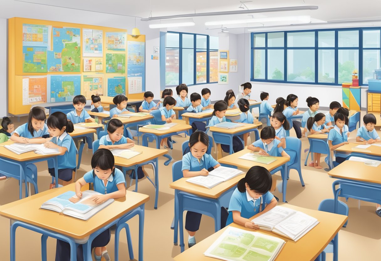 A bustling Kumon Singapore center with children studying at desks, colorful learning materials on the walls, and instructors guiding students