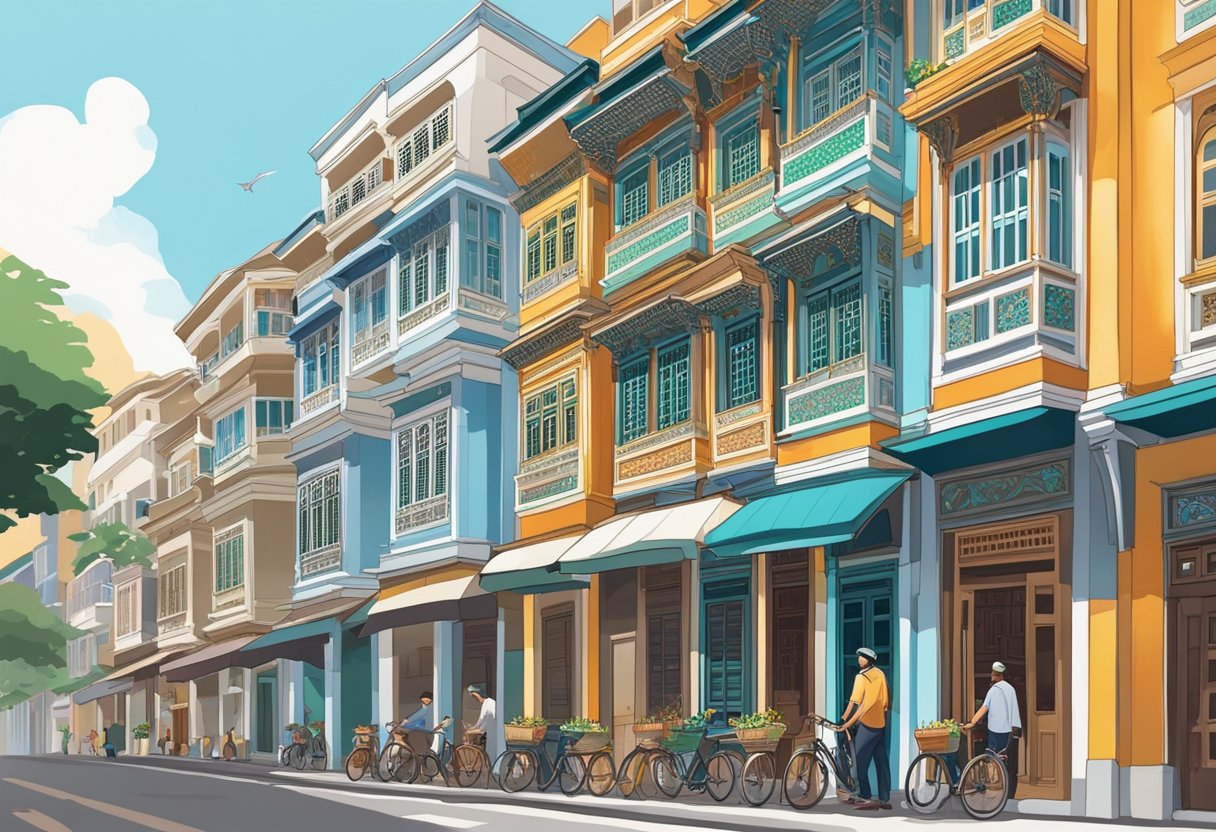 Vibrant colors of traditional shophouses line the bustling Arab Street, with intricate designs and ornate details showcasing the cultural and historical significance of this iconic Singaporean neighborhood