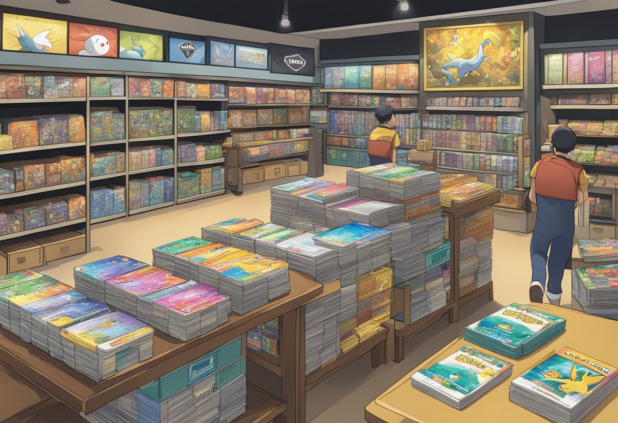 A table with Pokemon TCG cards, a stack of rulebooks, and a sign with "Frequently Asked Questions" in a bustling Singapore game store