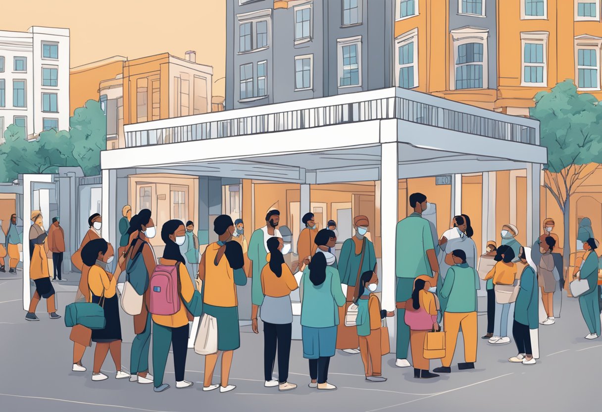 A diverse group of people gather around a sign displaying "Vaccine Information and Eligibility" in a bustling city square