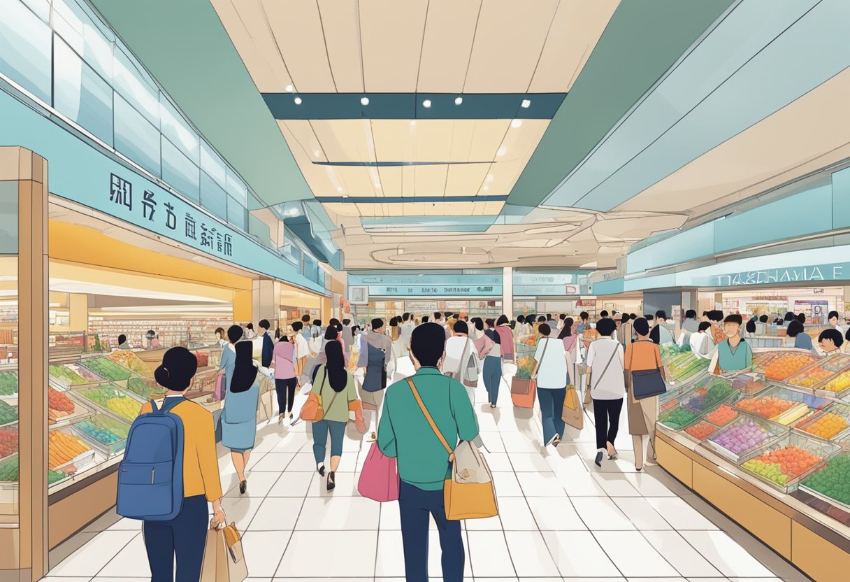 A bustling department store with a prominent "Frequently Asked Questions" sign at Takashimaya Singapore. Shoppers and staff navigate the busy aisles