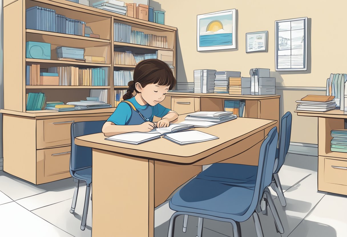 A child sits at a desk, focused on completing Kumon worksheets. A shelf of neatly organized workbooks and a supportive instructor can be seen in the background