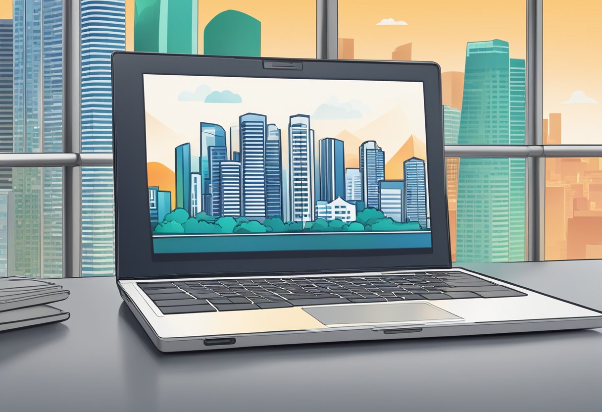 A laptop displaying a home loan calculator with the Singapore skyline in the background