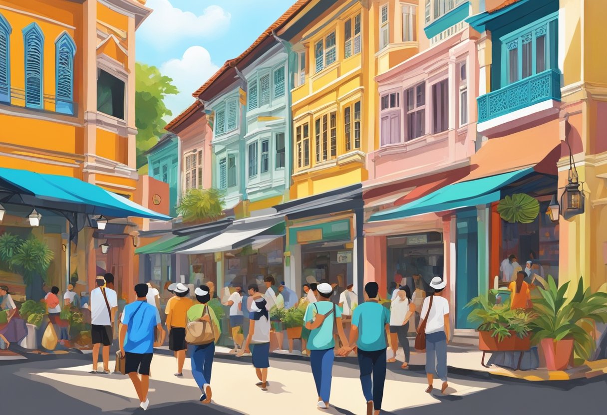 People stroll past colorful shophouses and vibrant murals on Arab Street, Singapore. The scent of spices and the sound of bustling activity fill the air