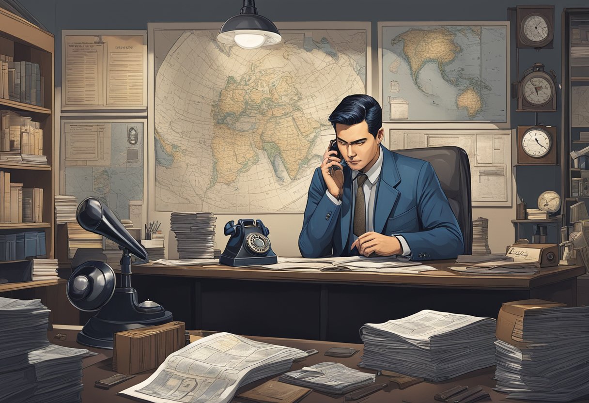 A private detective in Singapore examines clues in a dimly lit office, surrounded by maps, files, and a vintage rotary phone