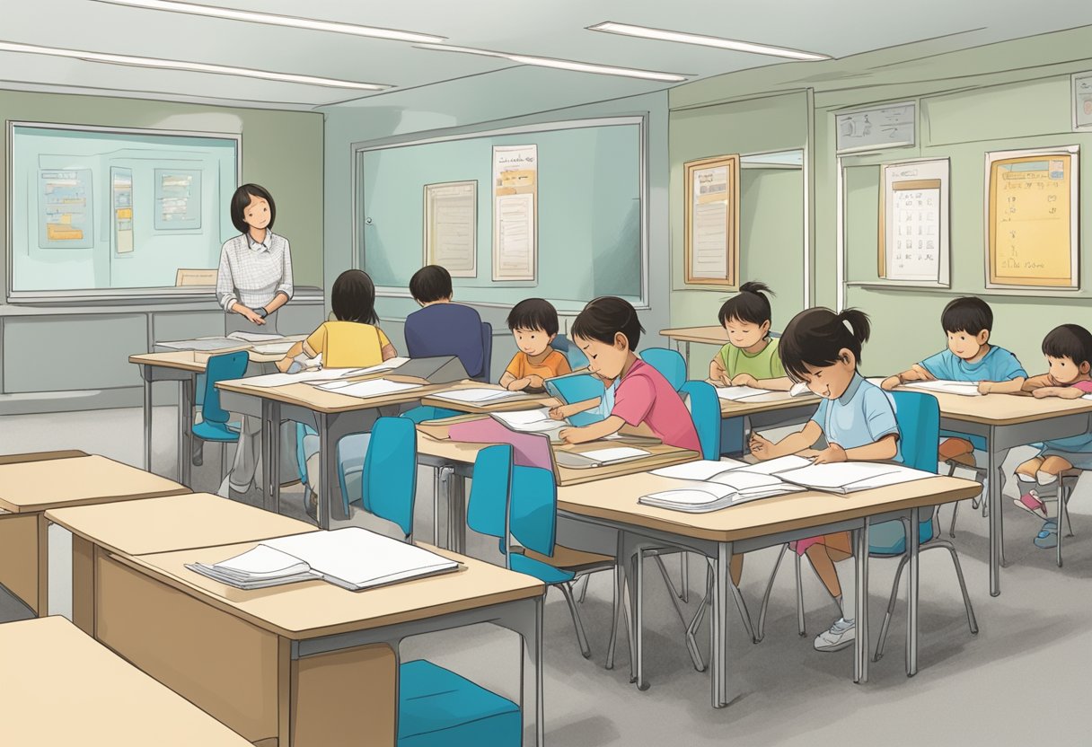 A child sits at a desk, completing Kumon worksheets. A Kumon instructor oversees the session, while parents observe from a waiting area. Textbooks and educational materials line the walls