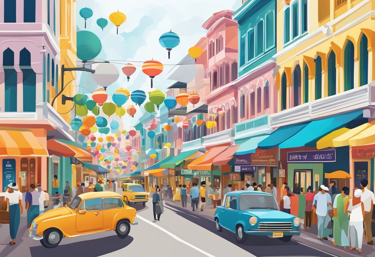 Colorful signs line the bustling Arab Street in Singapore, with vibrant storefronts and busy pedestrians creating a lively atmosphere