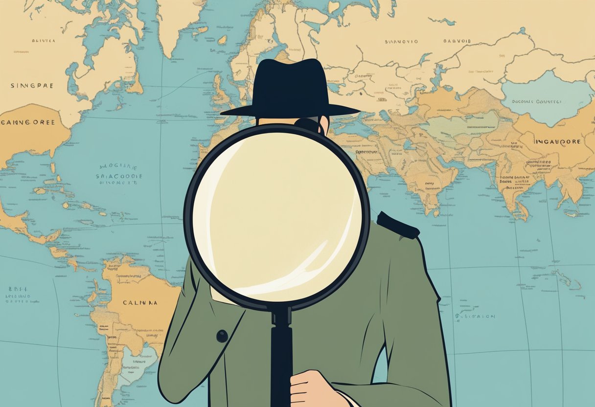 A magnifying glass hovers over a map of Singapore, while a silhouette of a detective in a trench coat stands in the background