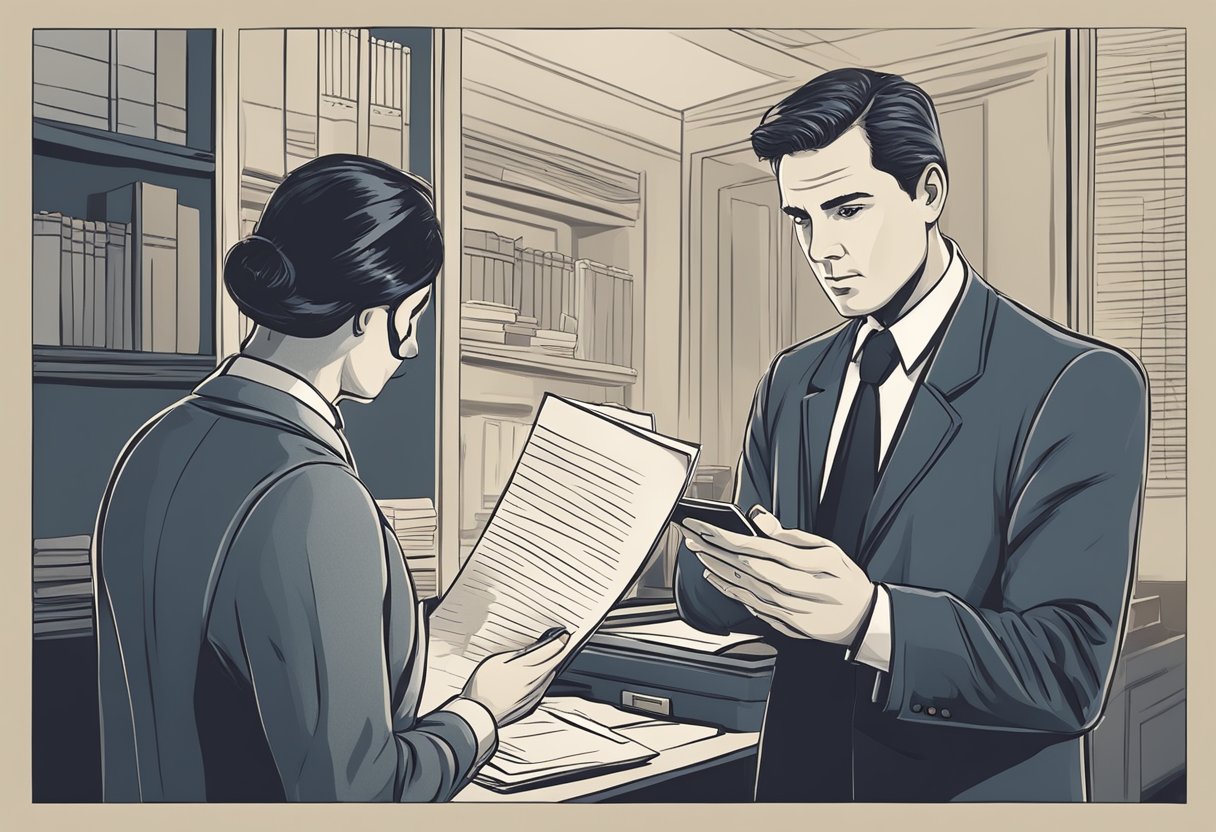 A person hands over a file of information to a private detective, who carefully reviews it with a focused expression. The detective then begins making phone calls and conducting surveillance
