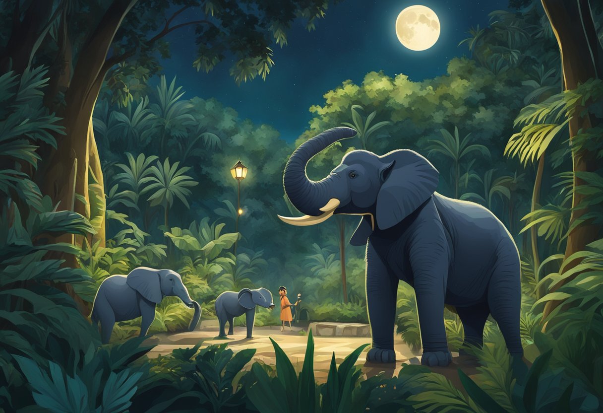 Animals roam freely under the moonlit sky in the Singapore Zoo Night Safari, surrounded by lush greenery and illuminated pathways