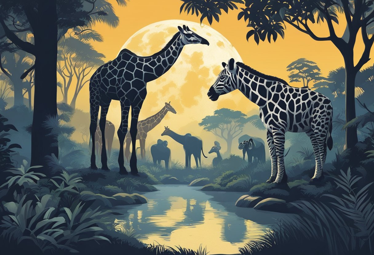 Animals roam under the moonlit sky at Singapore Zoo's night safari. Trees cast shadows as visitors observe nocturnal creatures