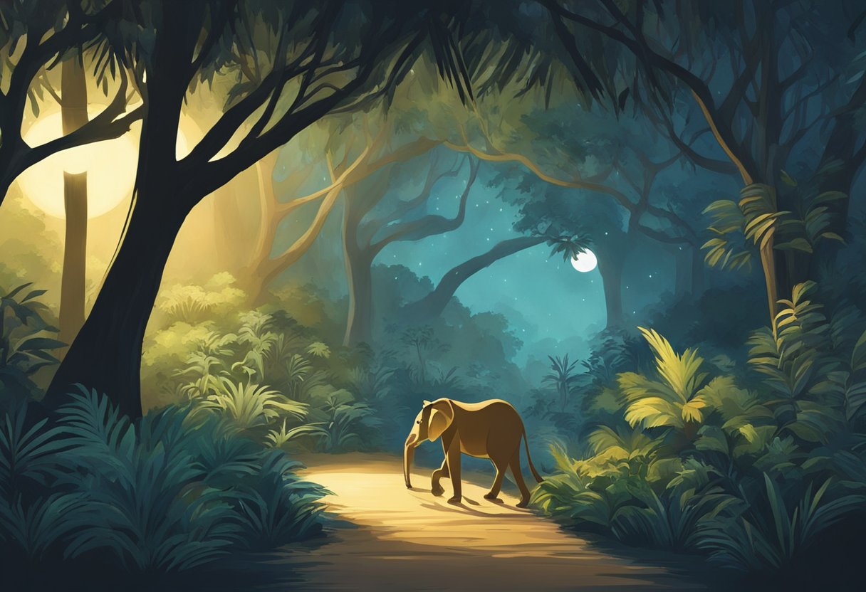 Animals roam under dim moonlight in the Singapore Zoo's night safari. Trees and foliage create a natural backdrop, while soft lighting illuminates the pathways
