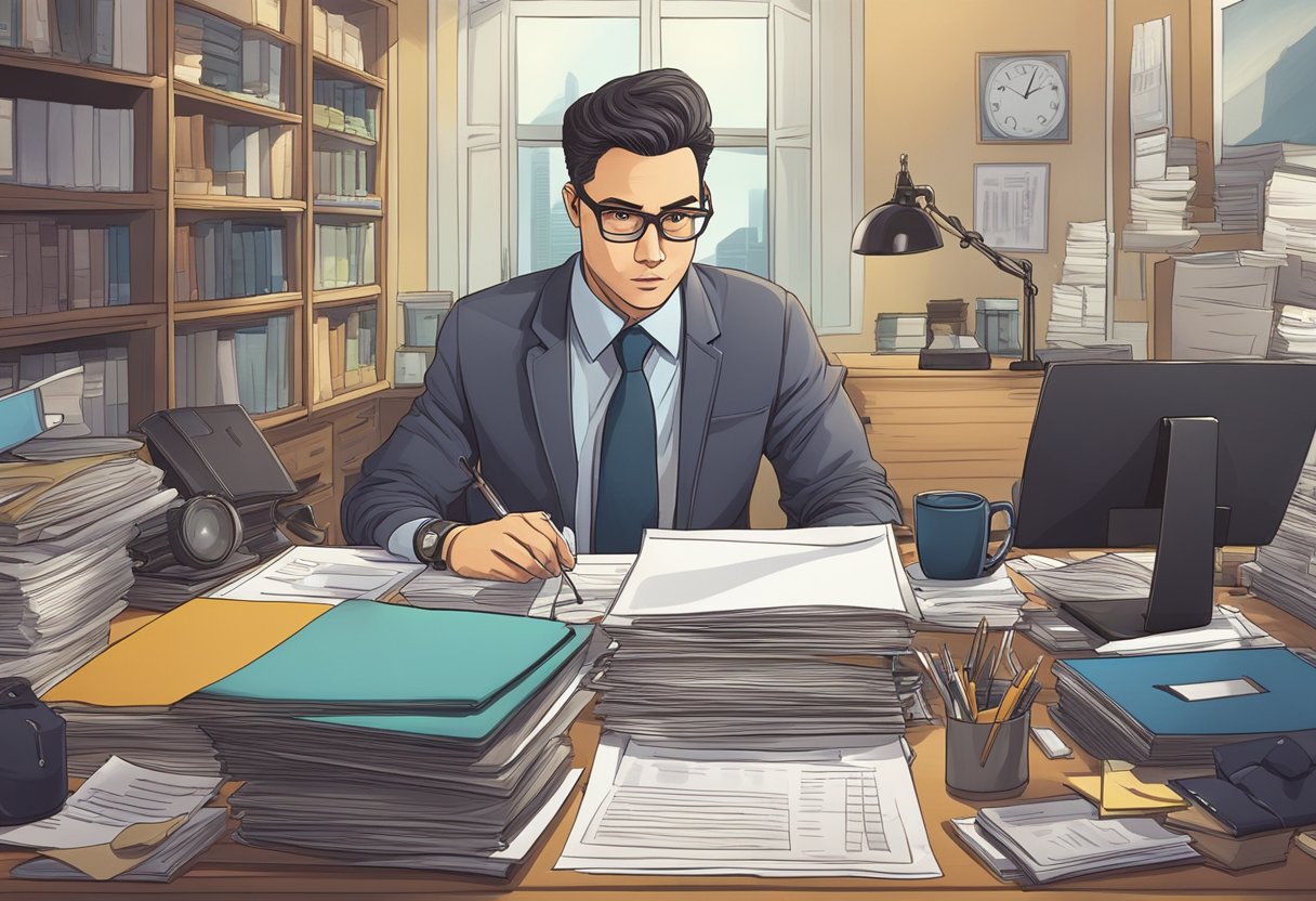 A private detective in Singapore answers frequently asked questions, surrounded by a cluttered desk and files