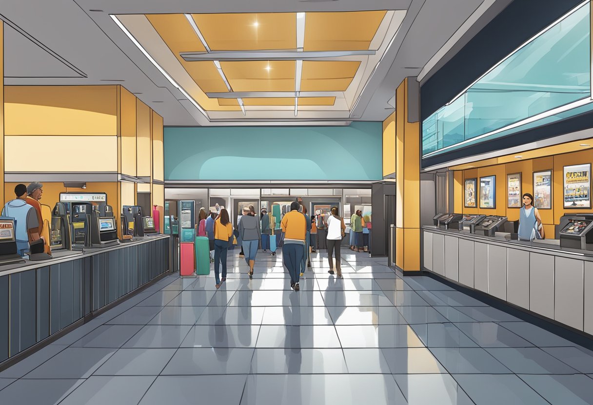 Movie-goers enter a modern cinema lobby with ticket counters, concession stands, and comfortable seating. Screens display upcoming showtimes and movie posters adorn the walls