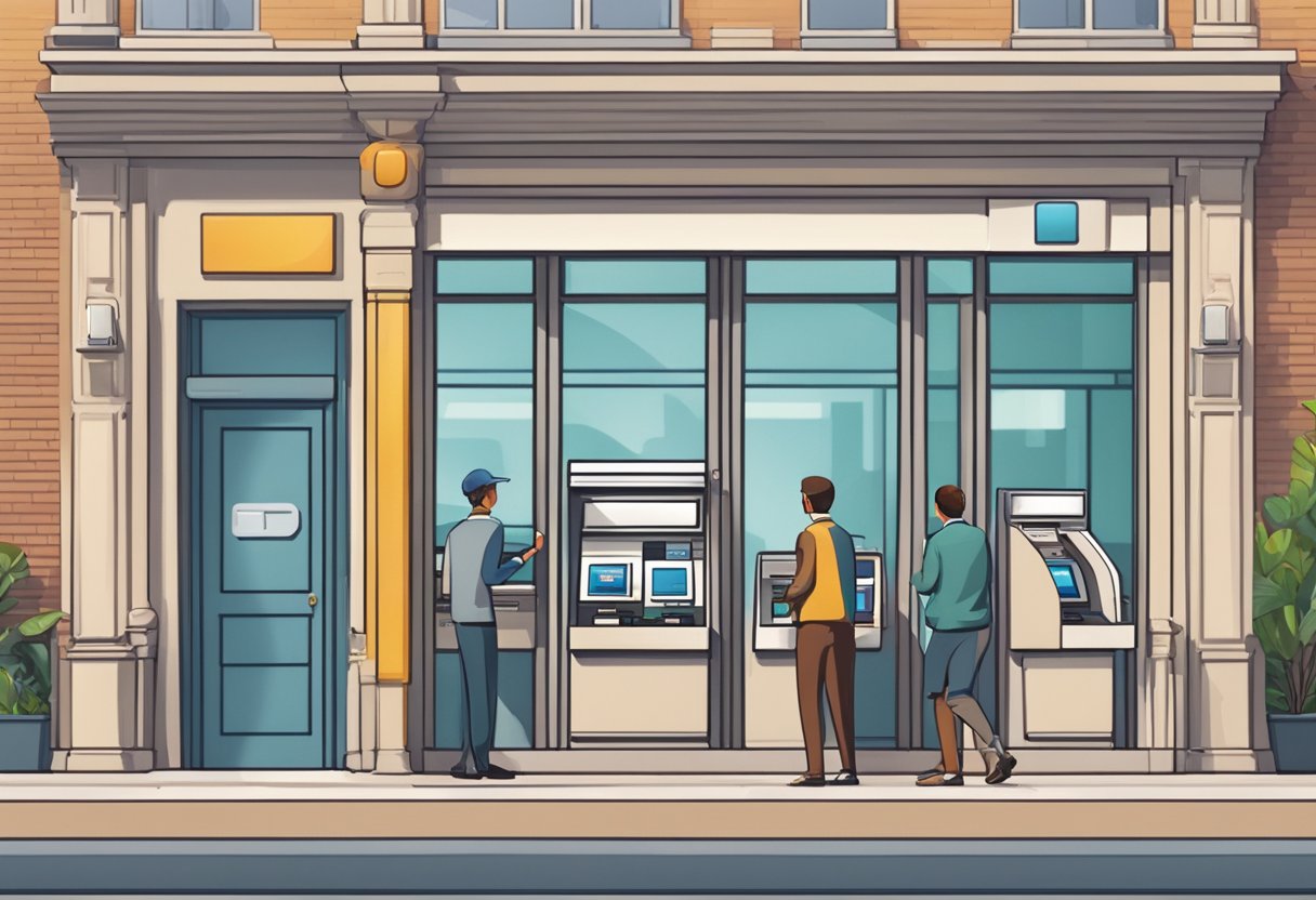 A busy bank branch with customers at teller windows, an ATM, and employees assisting clients with various banking services