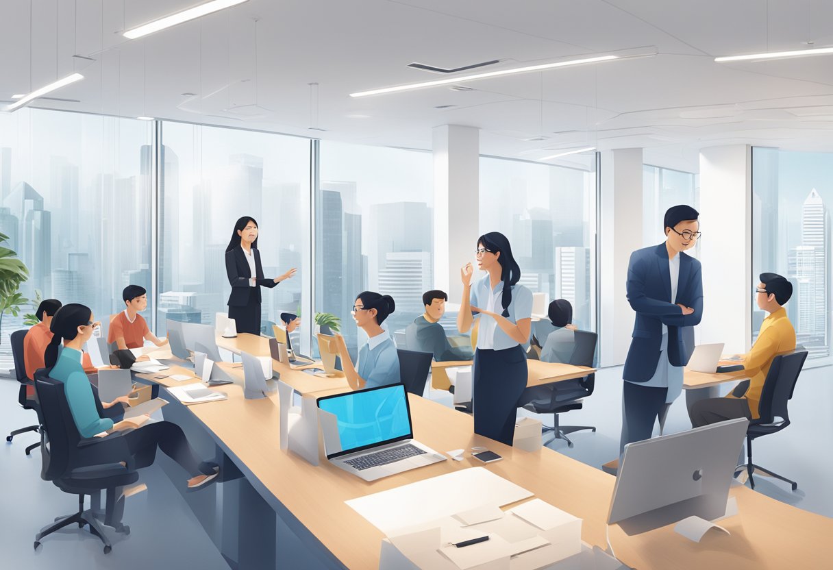 A group of people interacting with ICBC Singapore staff in a modern, well-lit office setting