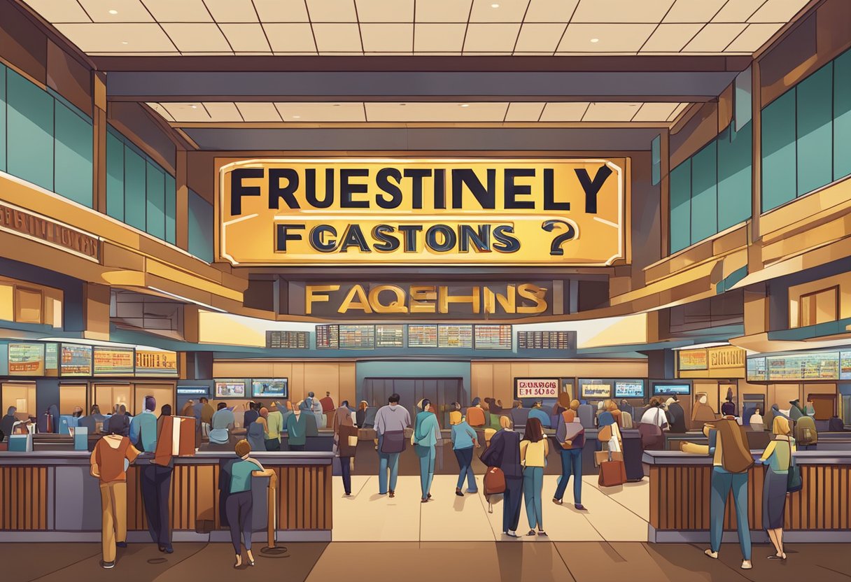 A bustling movie theater lobby with a prominent "Frequently Asked Questions" sign, surrounded by ticket booths and concession stands