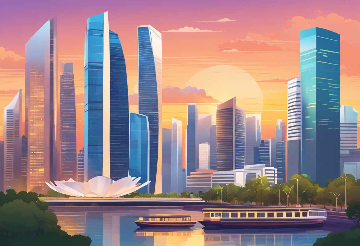 A bustling cityscape with iconic Singapore landmarks and skyscrapers against a vibrant sunset backdrop