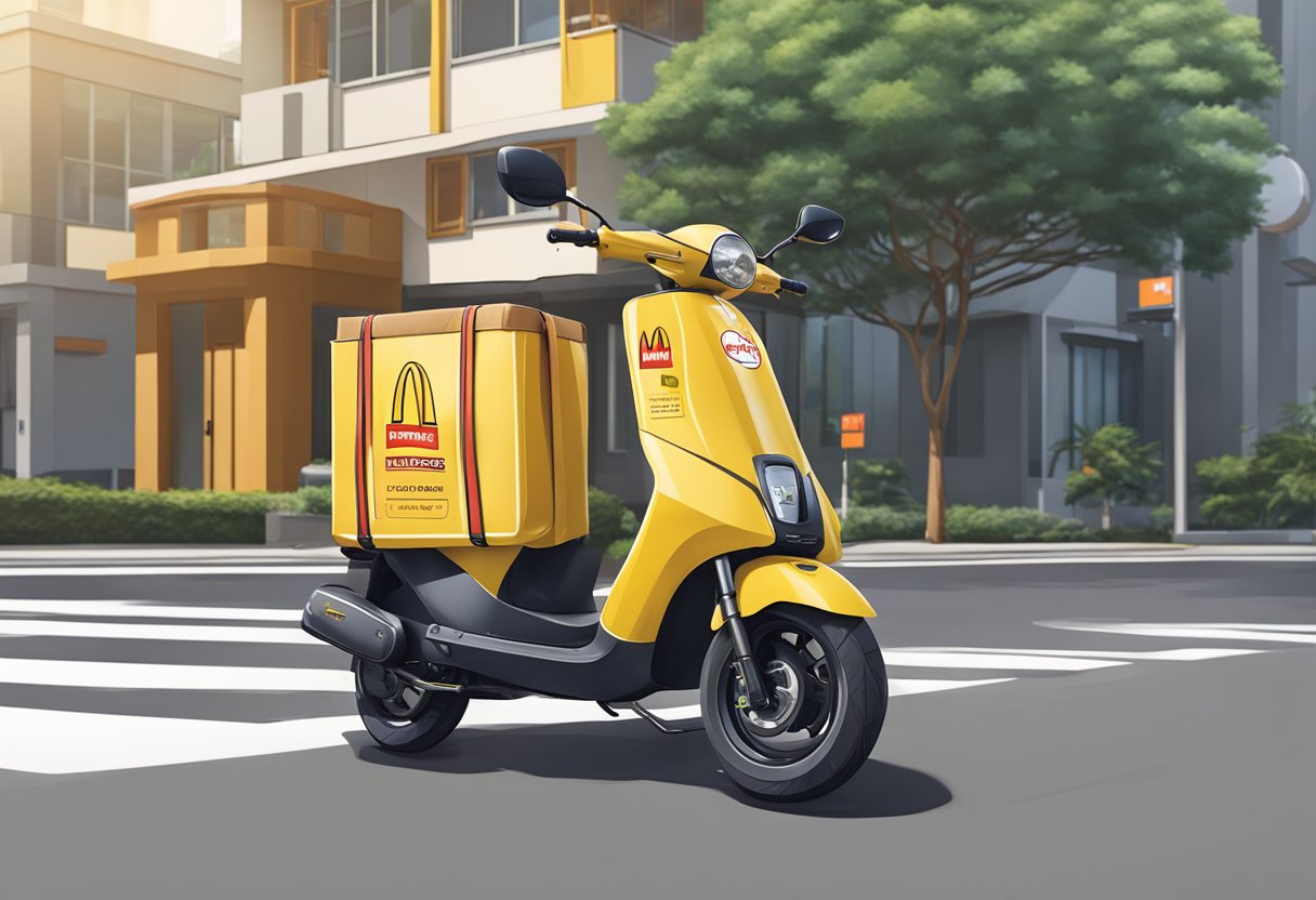 A McDonald's delivery scooter parked outside a Singaporean apartment building, with a delivery bag and logo clearly visible