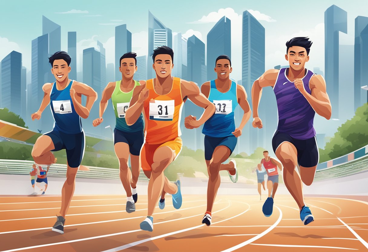 Athletes sprinting on a track, spectators cheering, Singapore skyline in the background