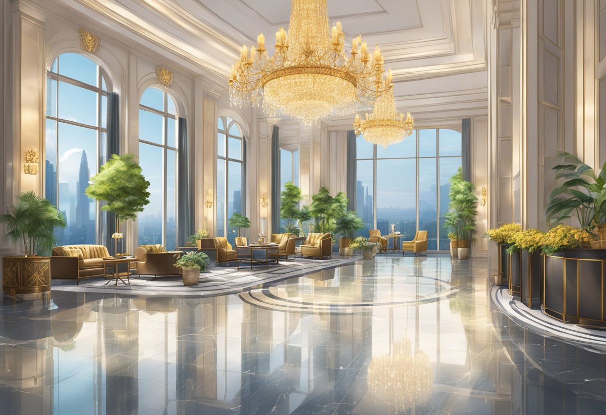 Luxurious hotel lobby with grand chandeliers, marble floors, and opulent furnishings. Panoramic views of the city skyline and lush gardens