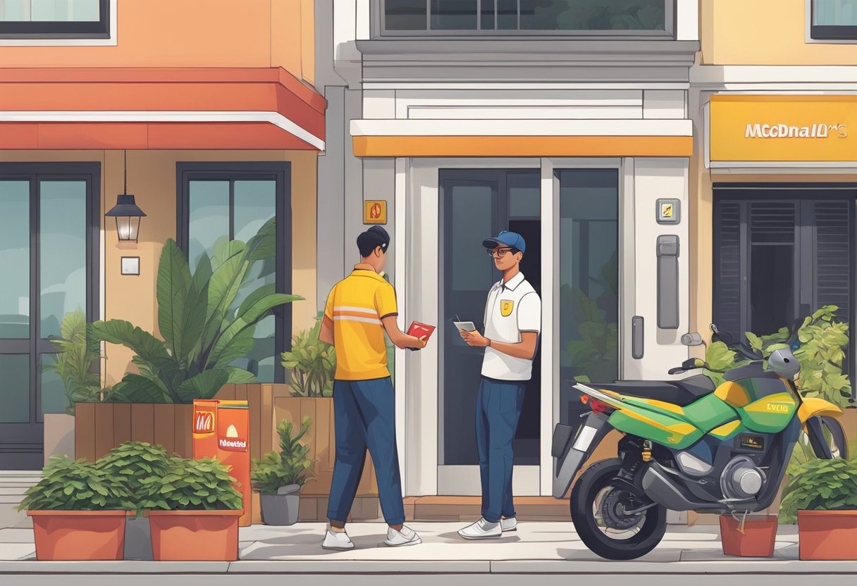 A person using a mobile app to order McDonald's delivery in Singapore, with a delivery driver waiting outside their home