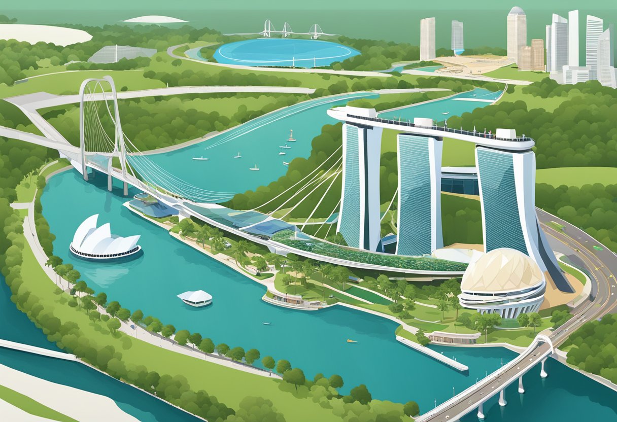 The illustration shows iconic landmarks along popular running routes in Singapore, including the Marina Bay Sands, Gardens by the Bay, and the Singapore Flyer