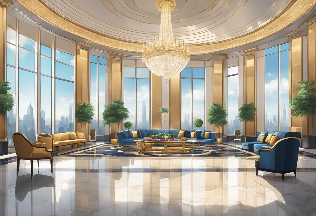 A grand, opulent hotel lobby with chandeliers, marble floors, and plush seating. Elegant, modern architecture with sweeping views of the city skyline