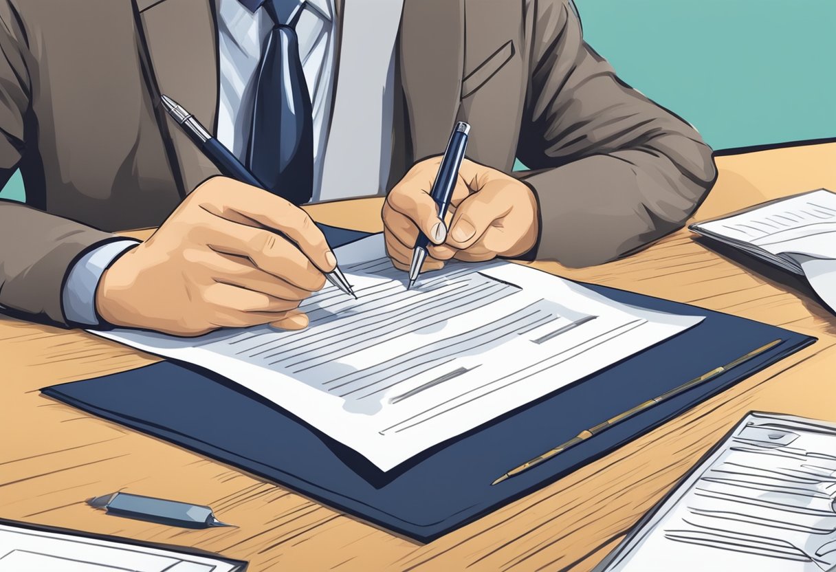 A person signing a legal document with a notary stamp and a witness present