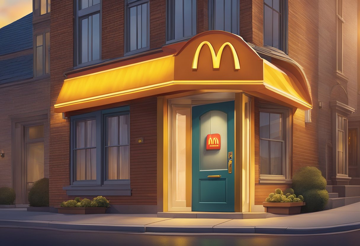 A McDonald's delivery bag sits on a doorstep, with a warm glow emanating from the iconic golden arches logo