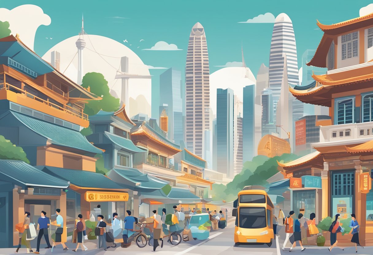 A bustling cityscape with "Frequently Asked Questions" signs in English and Chinese, set against the backdrop of iconic Singapore landmarks