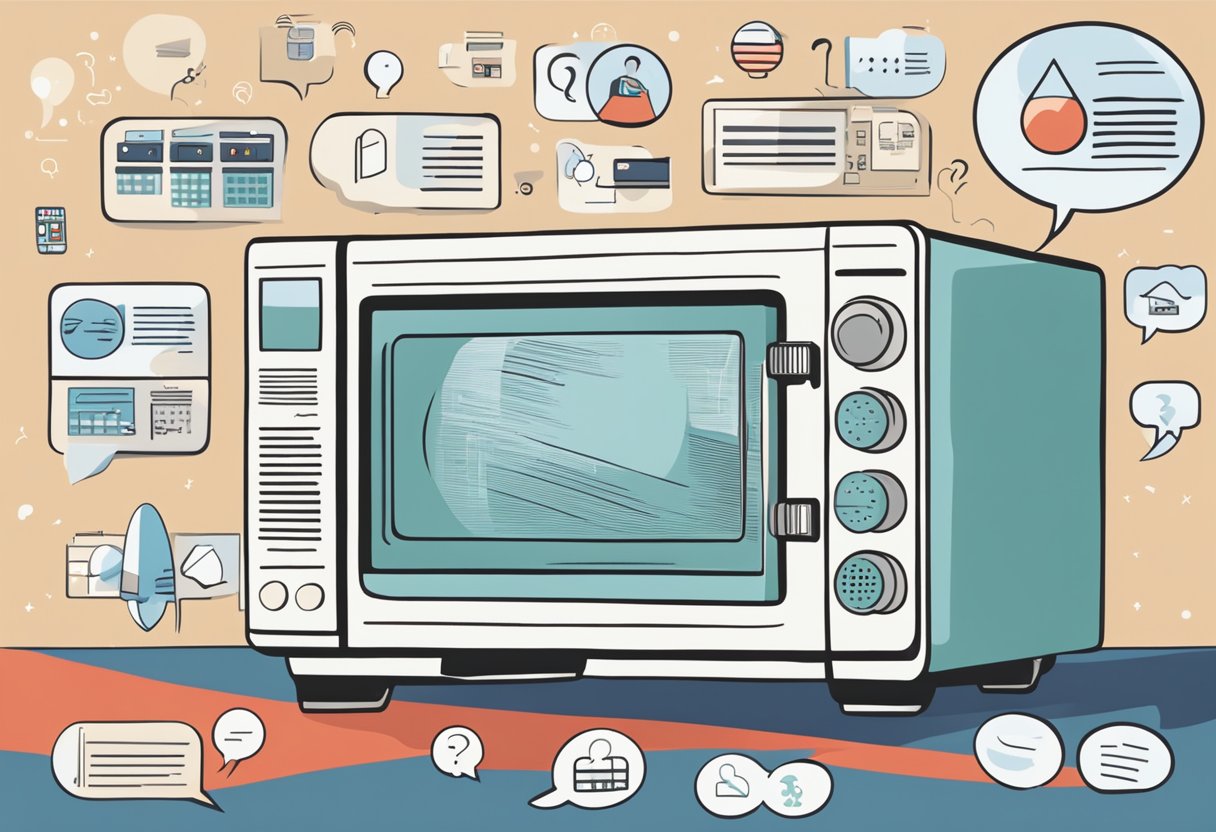 A microwave oven with Singaporean flag in the background, surrounded by frequently asked questions in text bubbles