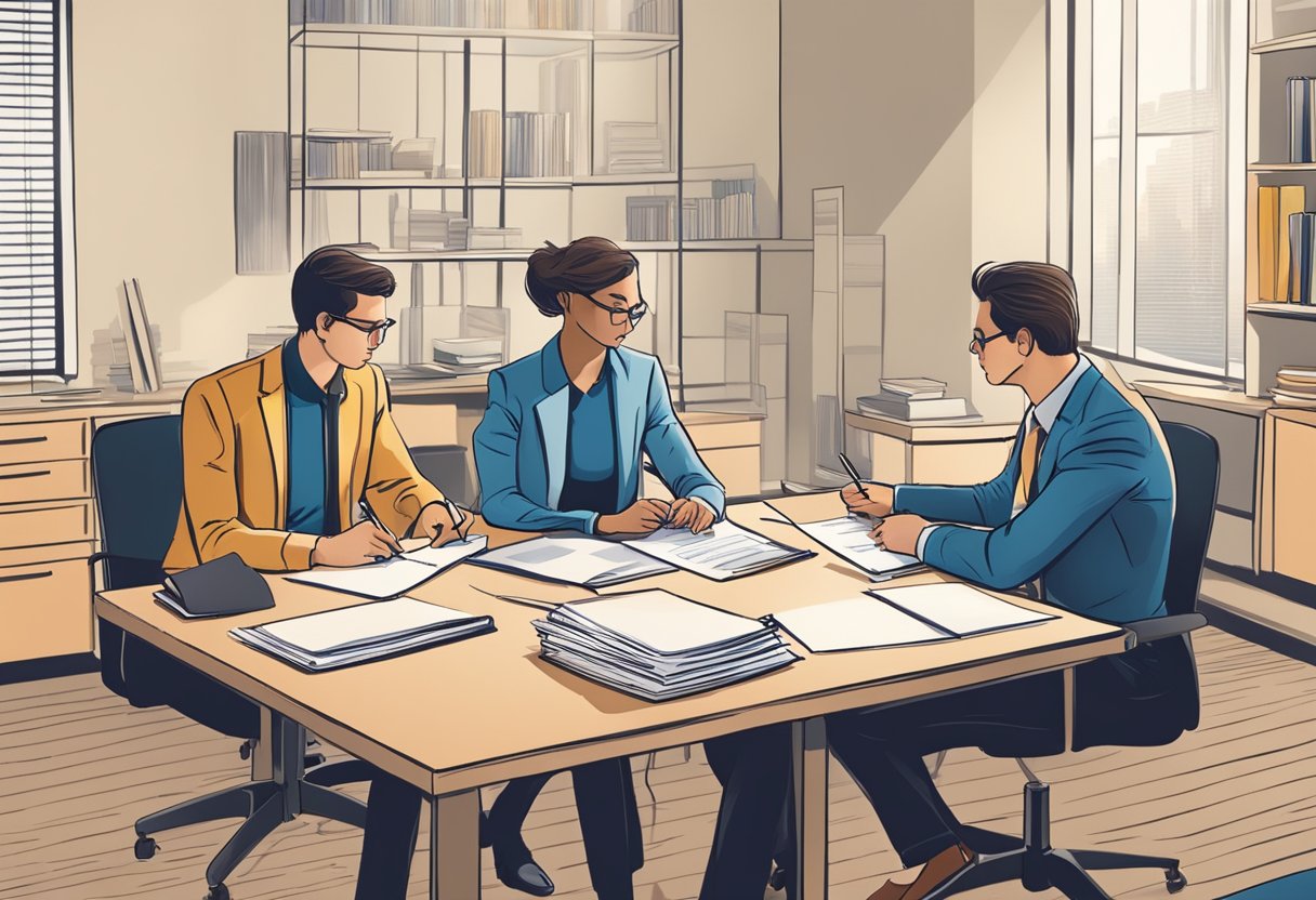 A table with legal documents, a pen, and two individuals discussing and signing papers in an office setting